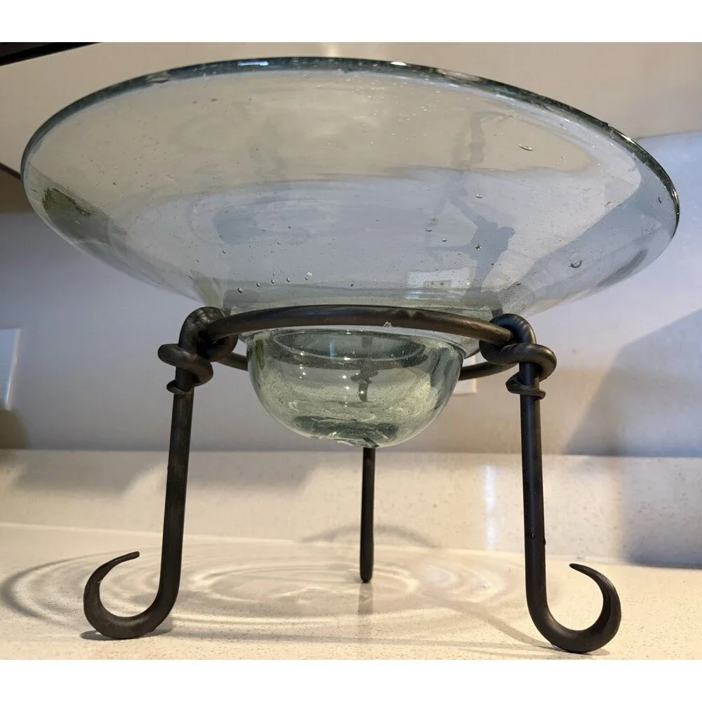 Hand Blown Thick Transparent Funnel Glass Wrought Iron 3 Leg Stand